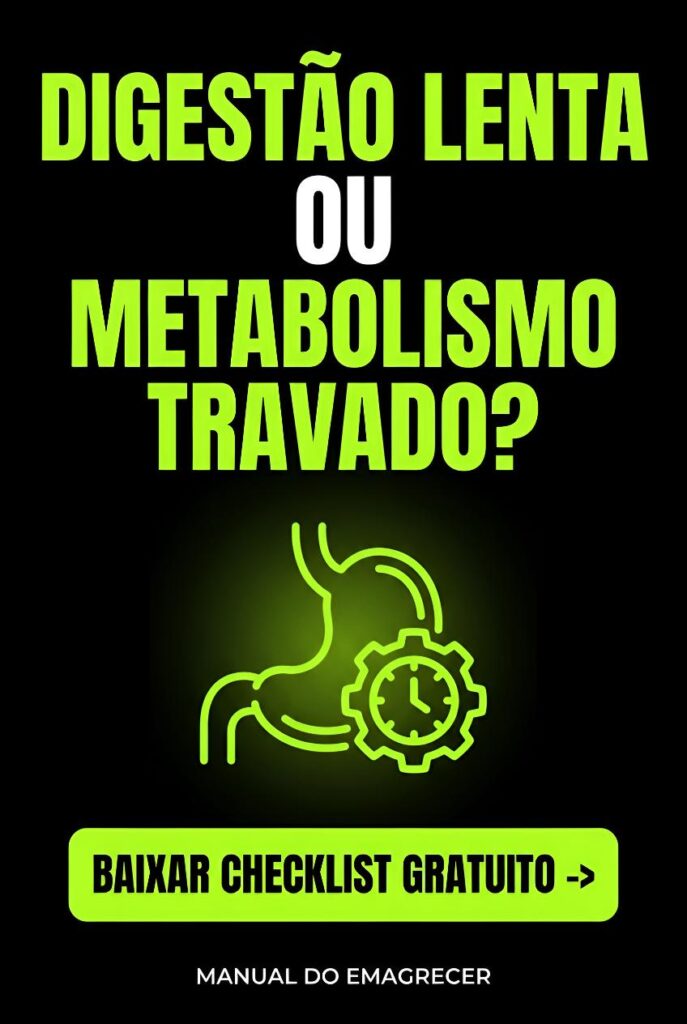 Banner do Manual do Emagrecer com o texto 'Digestão Lenta ou Metabolismo Travado?', mostrando um ícone verde de estômago com engrenagem e chamada para baixar o checklist gratuito.