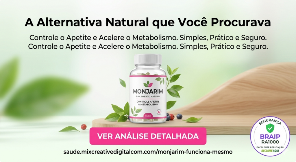 Frasco de Monjarim suplemento natural sobre mesa de madeira com selo de segurança Braip RA1000 e botão Ver Análise Detalhada.