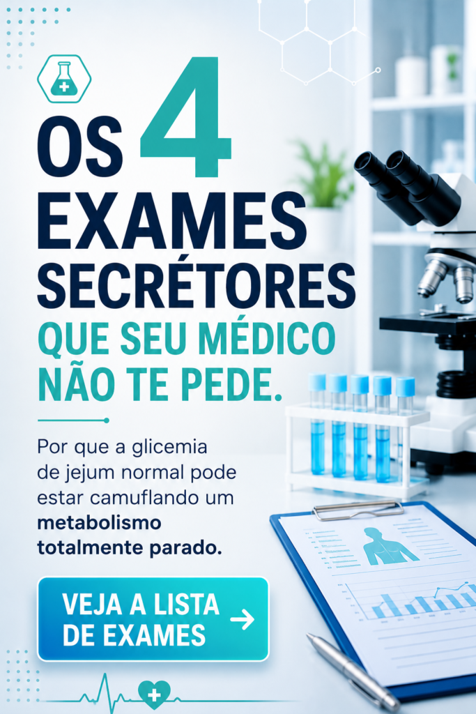 Infográfico vertical de saúde com design clean de laboratório contendo um microscópio, tubos de ensaio azuis e uma prancheta médica, com texto explicativo sobre os 4 exames secretores para identificar o metabolismo parado pela resistência à insulina.