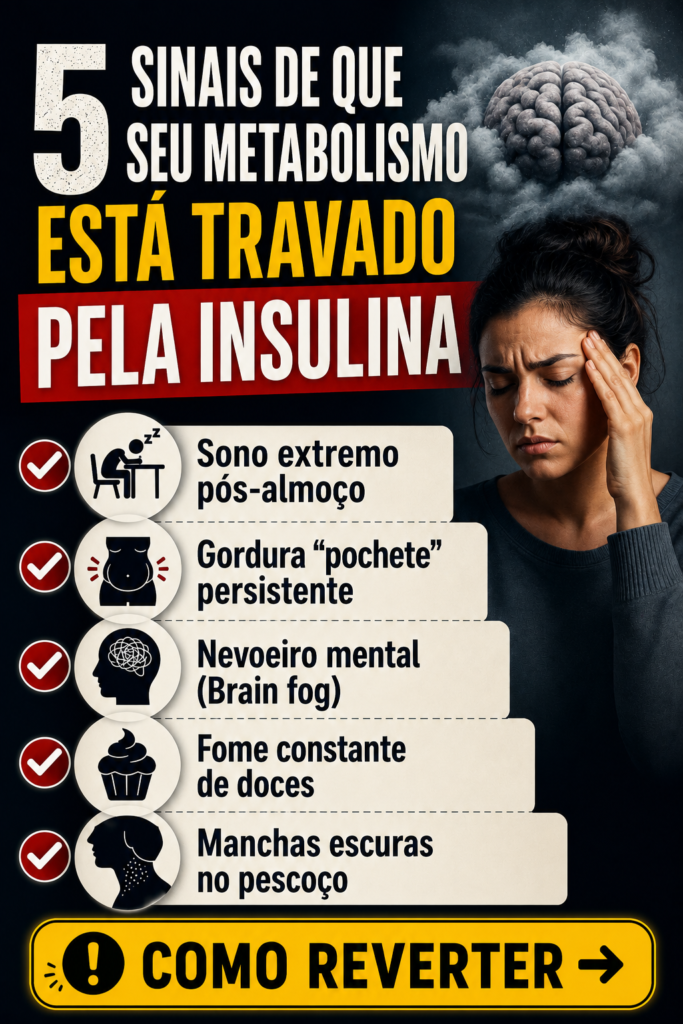 Infográfico vertical estilo checklist para Pinterest mostrando os 5 sinais de metabolismo travado pela insulina alta, incluindo cansaço pós-almoço, gordura pochete e nevoeiro mental, com um botão escrito Como Reverter.