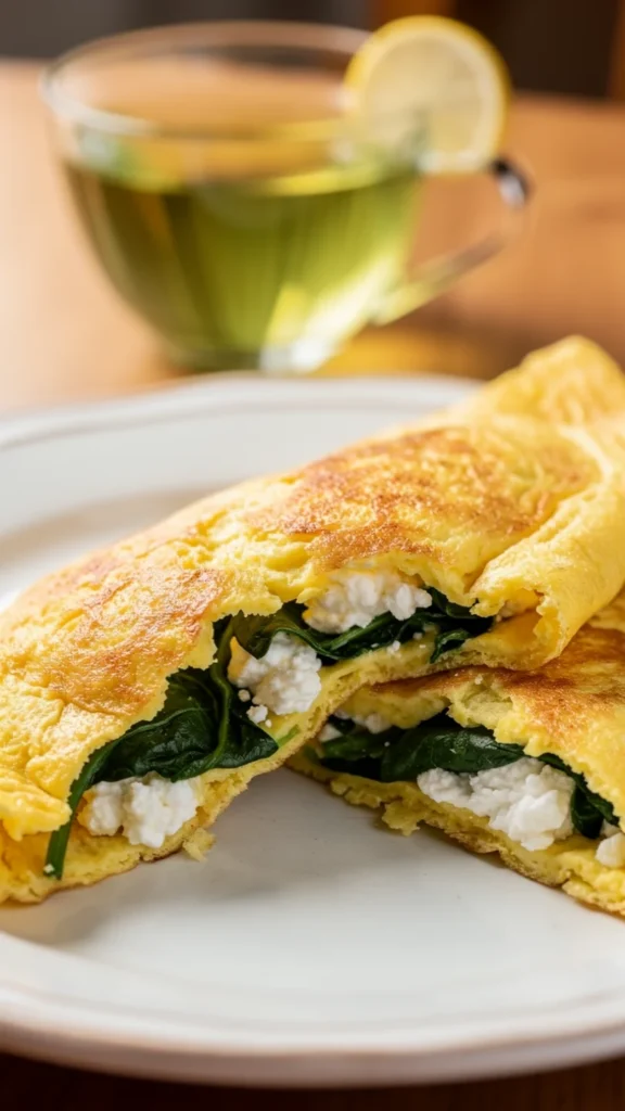 Omelete recheada com espinafre e queijo cottage, servida com uma xícara de chá verde, sugestão de refeição para dieta de resistência à insulina