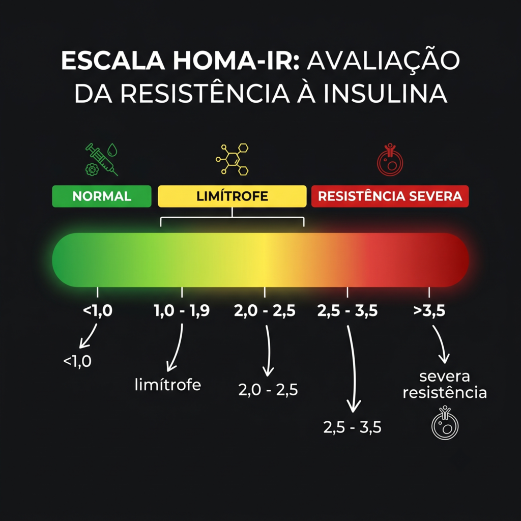 Infográfico com a escala de interpretação do índice HOMA-IR
mostrando as faixas normal, limítrofe e resistência à insulina