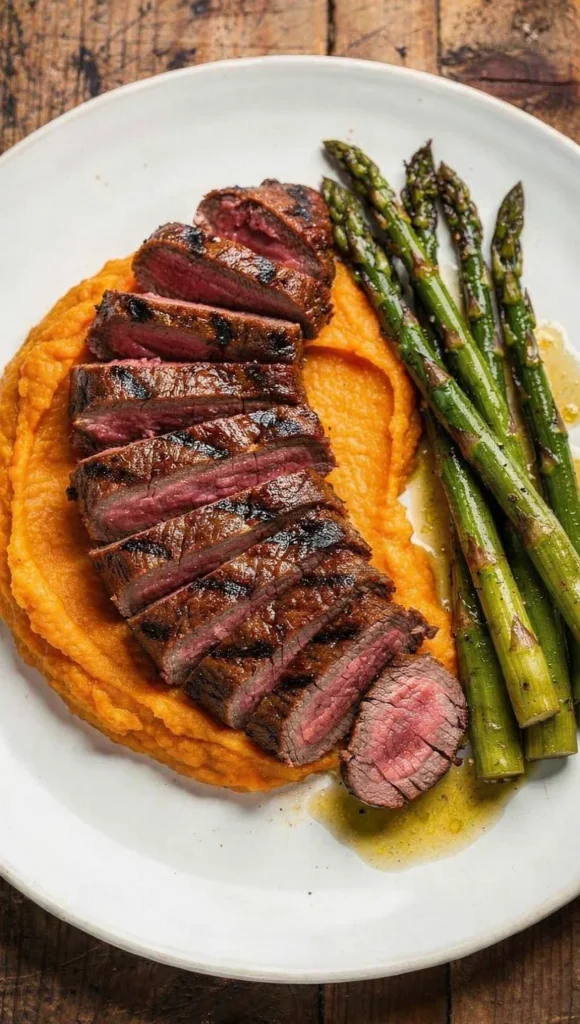 Filé de carne magra grelhada servido com purê de abóbora e aspargos, refeição equilibrada sugerida para a dieta de resistência à insulina.