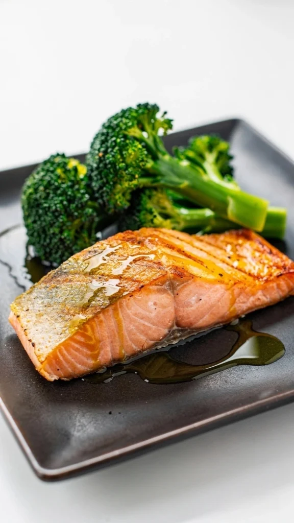 Filé de salmão grelhado com brócolis no vapor em um prato moderno, sugerido para almoço na dieta de resistência à insulina.
