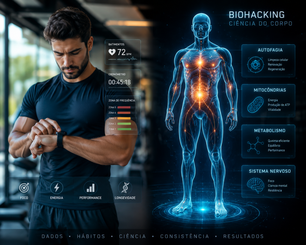 Infográfico sobre biohacking e ciência do corpo em ambiente de academia. Do lado esquerdo, um homem forte e atlético foca o olhar em seu smartwatch, enquanto uma interface digital flutuante exibe seus batimentos cardíacos em 72 BPM, um cronômetro em 00:45:18 e um gráfico de zonas de frequência cardíaca. Ícones na parte inferior destacam os pilares "Foco", "Energia", "Performance" e "Longevidade". Do lado direito, um holograma azul brilhante do corpo humano exibe o título "BIOHACKING: CIÊNCIA DO CORPO" e detalha em painéis flutuantes os benefícios celulares: "Autofagia" (limpeza celular), "Mitocôndrias" (produção de ATP), "Metabolismo" (queima eficiente) e "Sistema Nervoso" (clareza mental). Na base da imagem, lêem-se as palavras "Dados", "Hábitos", "Ciência", "Consistência" e "Resultados".