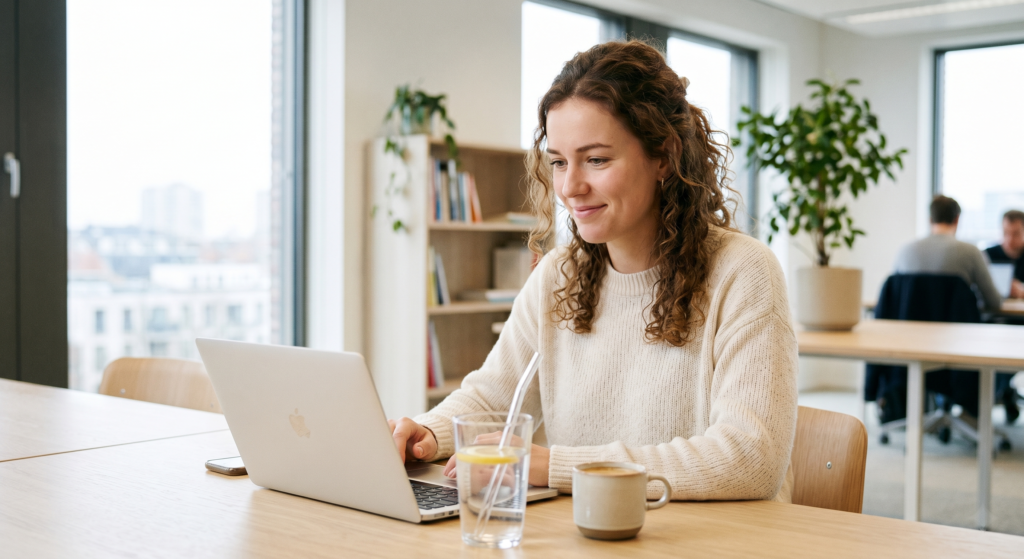 Mulher jovem e saudável trabalhando concentrada em seu notebook em um escritório minimalista e moderno, muito iluminado. Ela veste roupas de treino elegantes, usa um smartwatch no pulso e esboça um leve sorriso de foco e satisfação. Na tela do computador, observam-se gráficos de dados de performance em tons de azul. Sobre a mesa de madeira clara, ao lado do notebook, há um copo de vidro transparente com água e rodelas de limão fresco, com folhas de hortelã ao fundo recebendo a luz do sol.