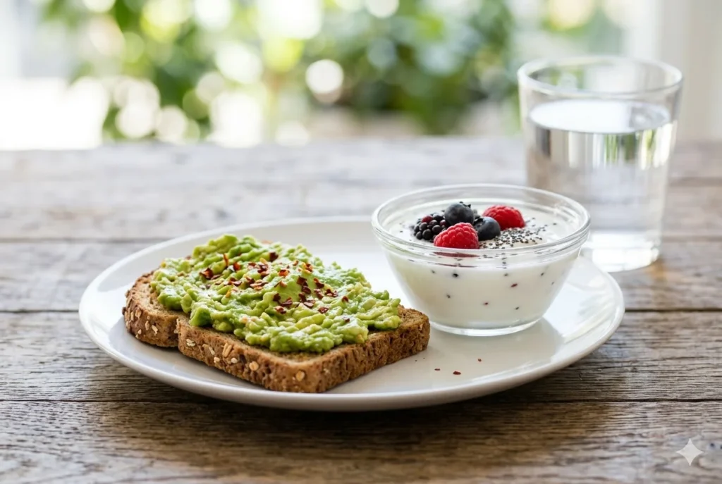 Prato de café da manhã saudável sobre mesa de madeira escura contendo uma torrada de pão integral com abacate amassado e pimenta calabresa, acompanhada de uma taça de iogurte natural com chia, framboesas e mirtilos, ao lado de um copo de água, ilustrando a introdução do artigo sobre como destravar o metabolismo lento naturalmente.