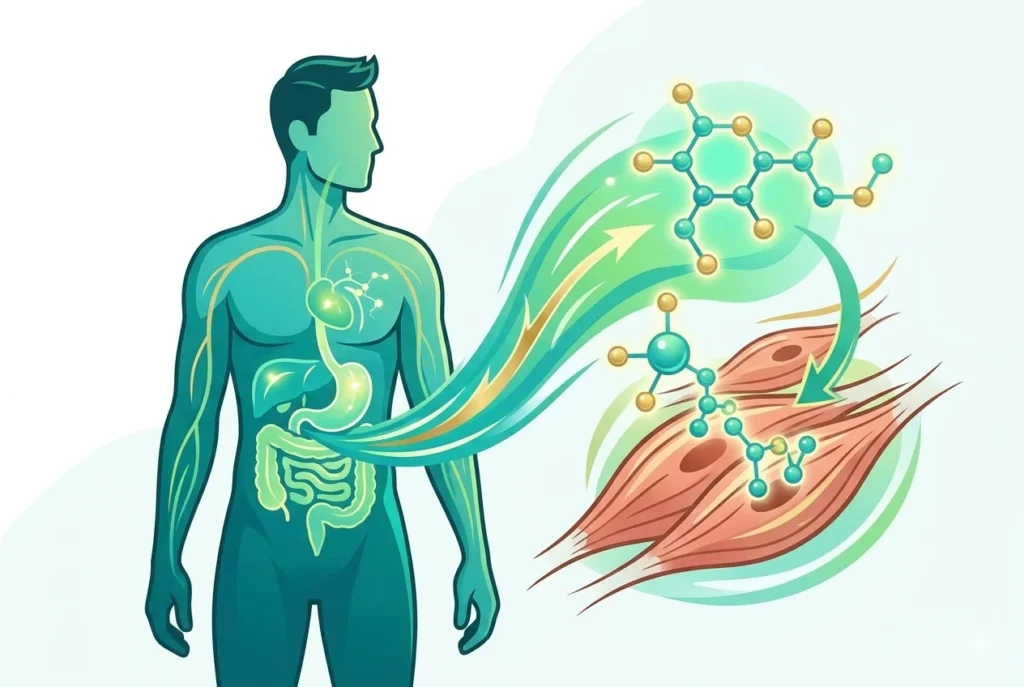 Infográfico vetorial com fundo claro ilustrando o corpo humano e a ação da insulina no metabolismo. Setas luminosas verdes e amarelas mostram o fluxo hormonal saindo do sistema digestivo em direção a moléculas de glicose e células musculares, demonstrando o bloqueio biológico da queima de gordura quando a insulina está elevada.