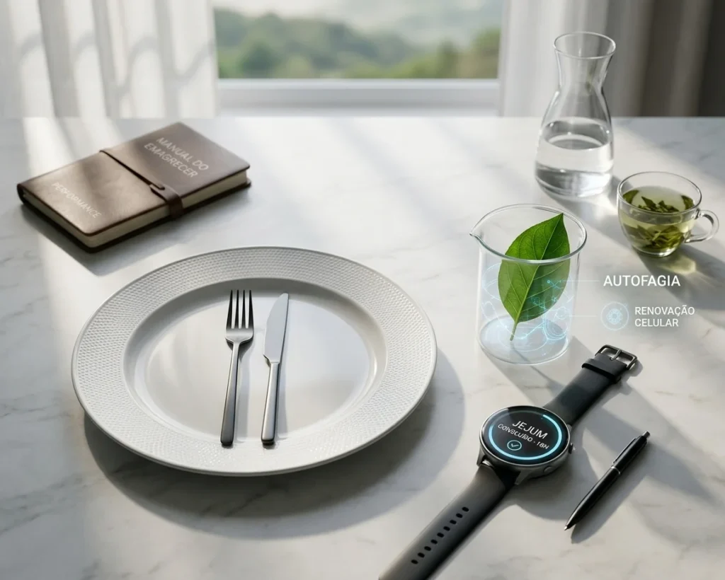 Vista superior de uma mesa de mármore claro perto de uma janela iluminada, simbolizando a conclusão de um ciclo de jejum. Em destaque, um smartwatch exibe a mensagem "JEJUM CONCLUÍDO - 16H". Ao lado, um pequeno copo de laboratório de vidro contém uma folha verde viva com gráficos digitais brilhantes e as palavras "AUTOFAGIA" e "RENOVAÇÃO CELULAR". A composição inclui um prato branco minimalista com garfo e faca alinhados, uma jarra de água cristalina, uma xícara de chá verde e um caderno de couro marrom com as inscrições "MANUAL DO EMAGRECER" e "PERFORMANCE".