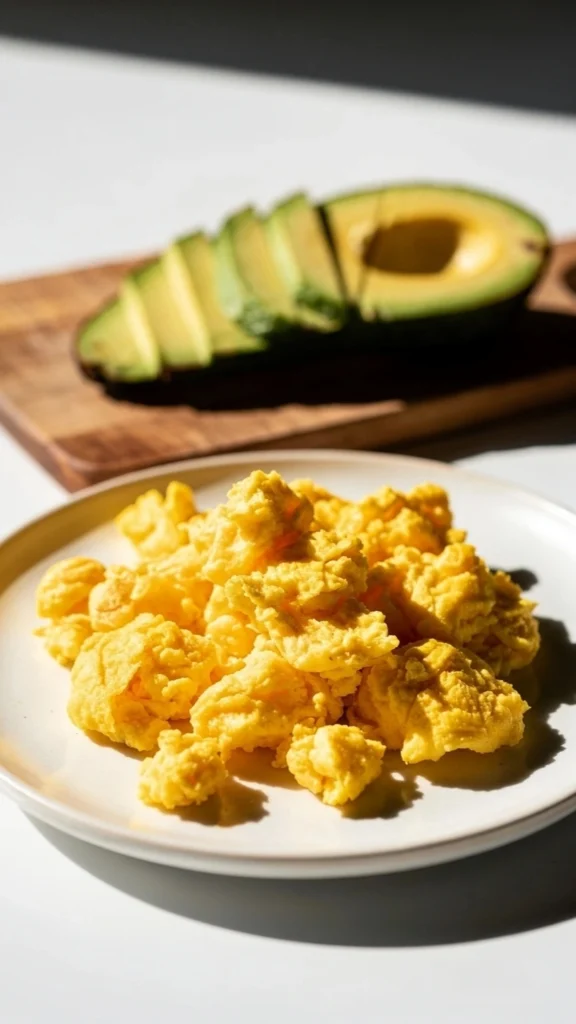 Prato de café da manhã saudável com ovos mexidos cremosos e abacate fatiado, parte do cardápio para dieta de resistência à insulina.