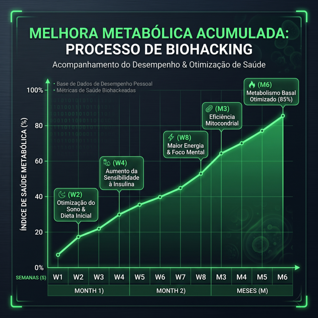 Linha do tempo mostrando a evolução esperada do índice
HOMA-IR ao longo de 4 semanas, 8 semanas, 3 meses e 6 meses
com protocolo completo de tratamento