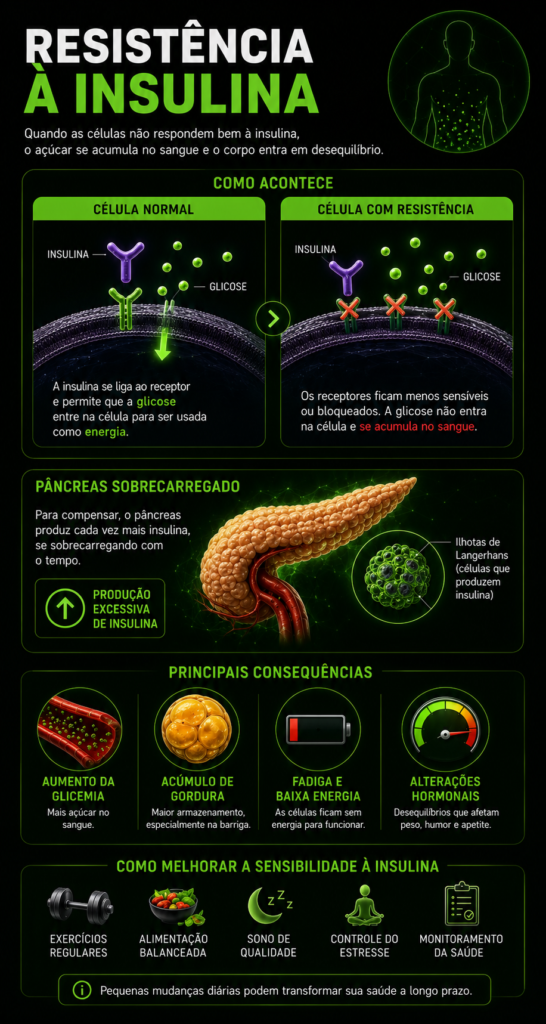 Ilustração científica mostrando células com resistência à
insulina — receptores bloqueados forçando o pâncreas a
produzir mais insulina