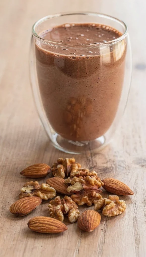 Smoothie proteico de cacau em copo de vidro duplo acompanhado de nozes e amêndoas, lanche prático para a dieta de resistência à insulina.