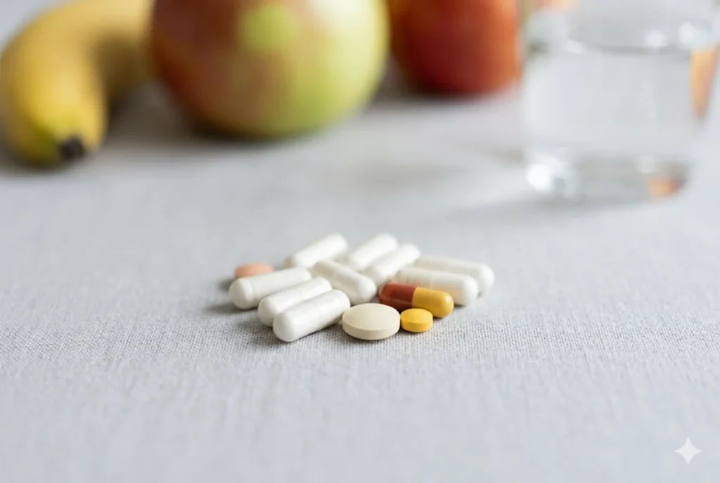 Cápsulas e comprimidos de suplementos para reverter a resistência à insulina dispostos em primeiro plano sobre uma mesa limpa, com uma banana, maçãs e um copo de água ao fundo, ilustrando o protocolo de reprogramação hormonal do método Liberdade Metabólica.