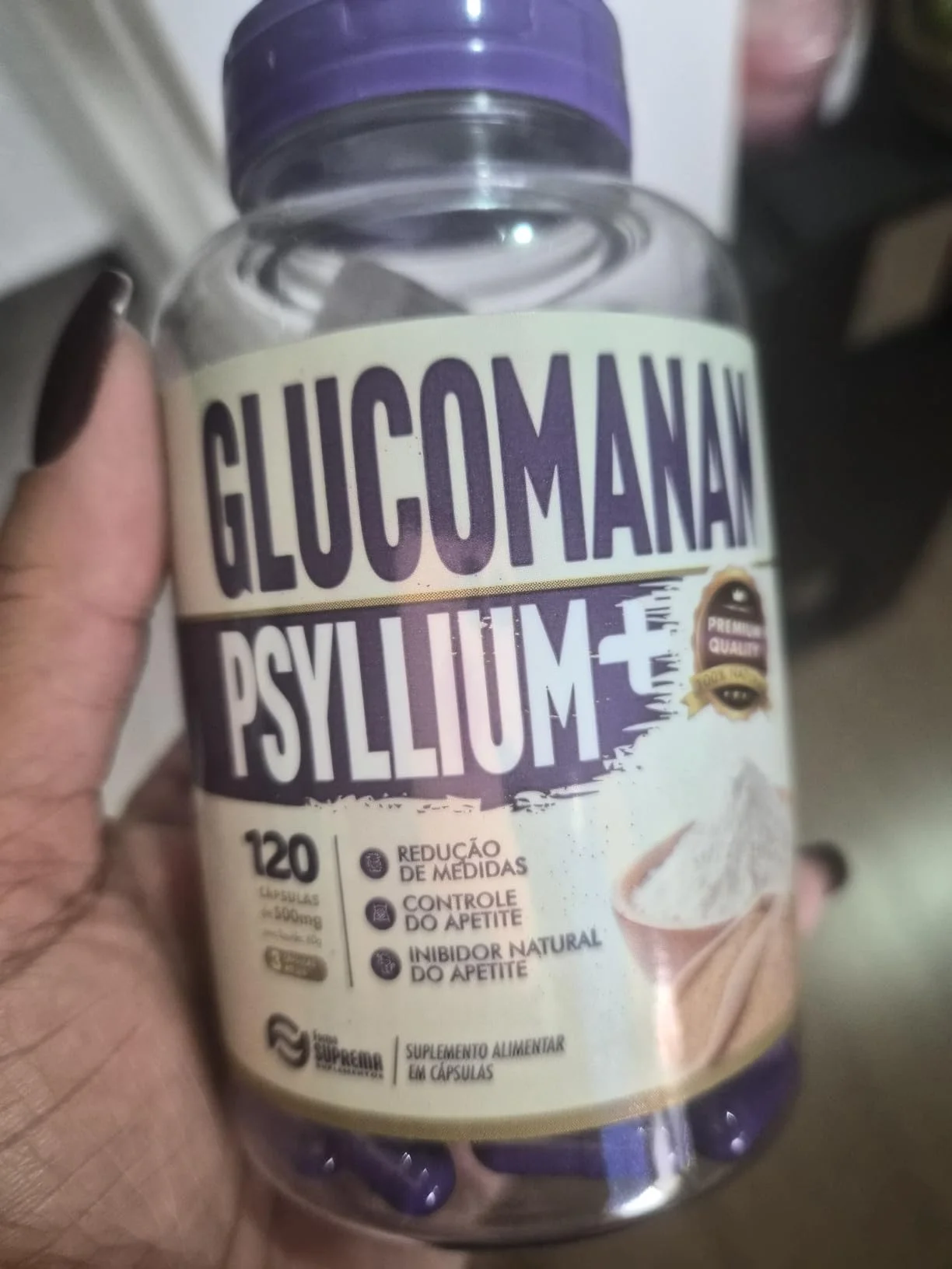 Frasco de Glucomanan e Psyllium Premium com 120 cápsulas de 500mg, suplemento natural focado em saciedade e controle de apetite.