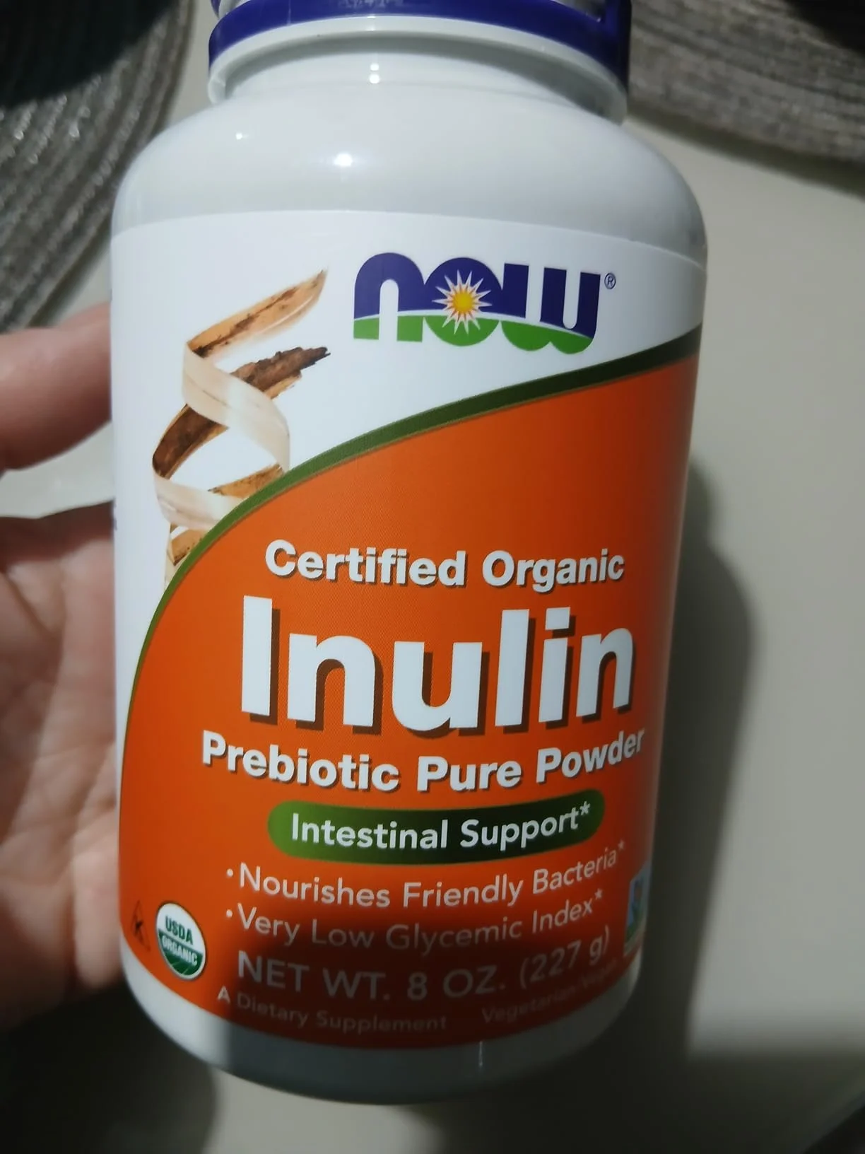 Frasco de Inulina em Pó Pura e Orgânica da Now Foods com 227g, suplemento prebiótico importado para suporte e saúde intestinal.