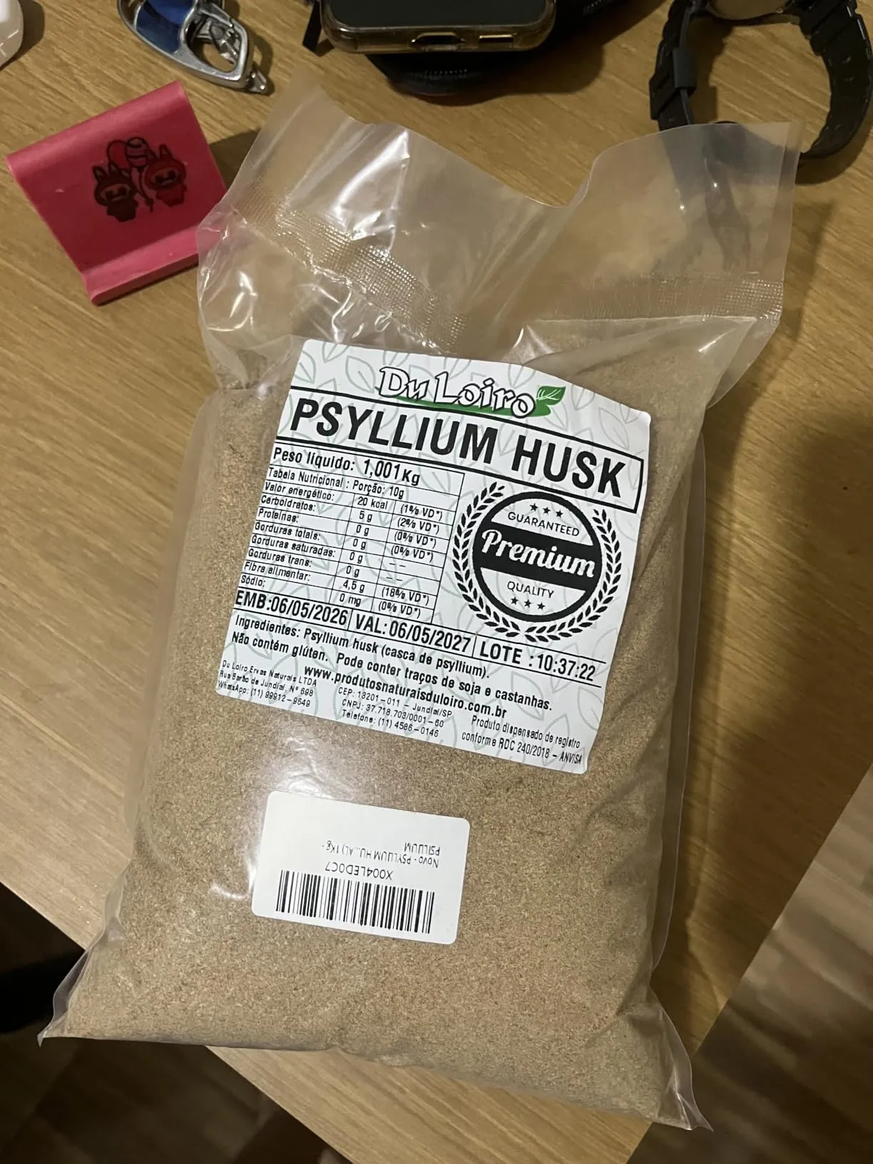 Pacote de Psyllium Husk Premium de 1kg da DuLares, fibra alimentar natural e pura em pó para regulação intestinal.