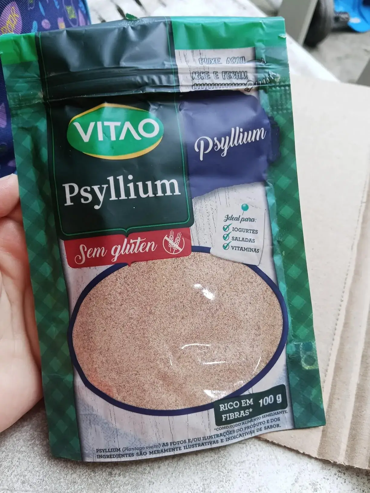 Embalagem de Psyllium sem glúten de 100g da marca Vitao, fibra solúvel natural em pó rica em fibras para receitas e saúde intestinal.