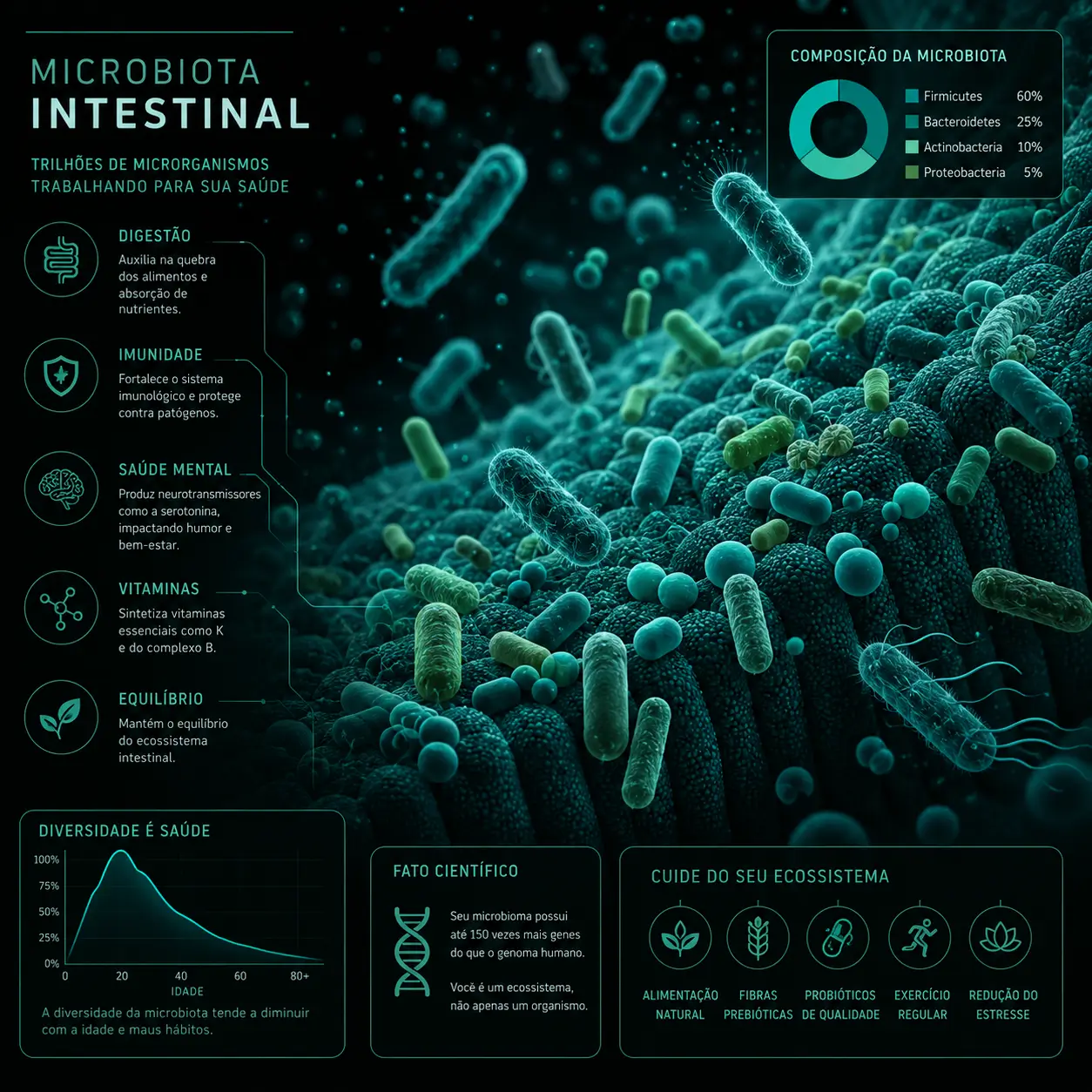 Infográfico sobre a microbiota intestinal detalhando funções de imunidade, digestão, saúde mental e equilíbrio de microrganismos.