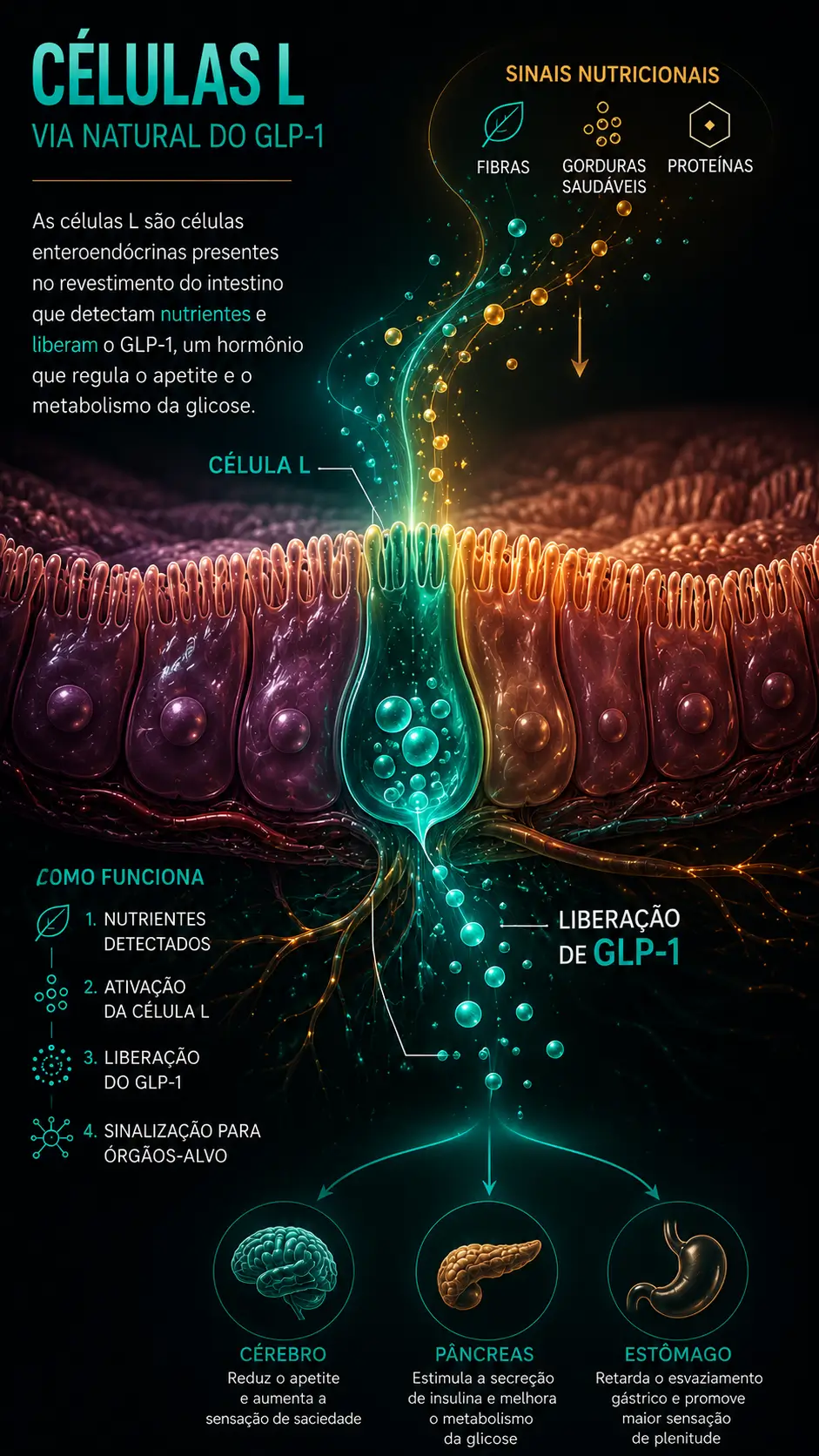 Infográfico científico demonstrando o funcionamento das células L na liberação natural do hormônio GLP-1 no intestino.