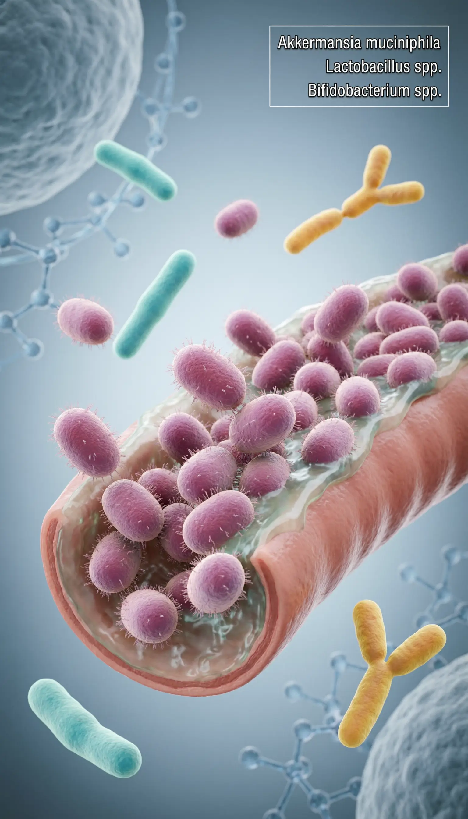 Ilustração médica em 3D mostrando bactérias probióticas como Akkermansia muciniphila no revestimento intestinal.
