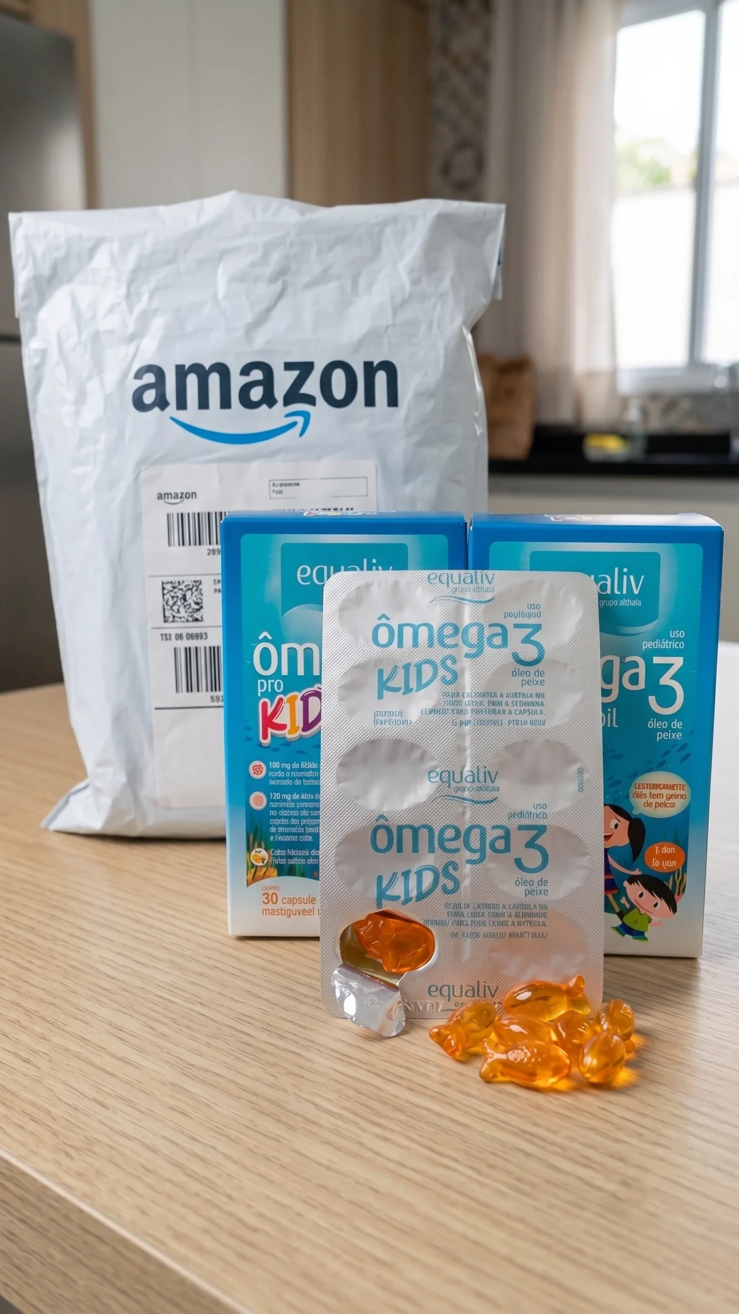 Foto real do Equaliv Ômega 3 Kids Mastigável tirada das avaliações da Amazon