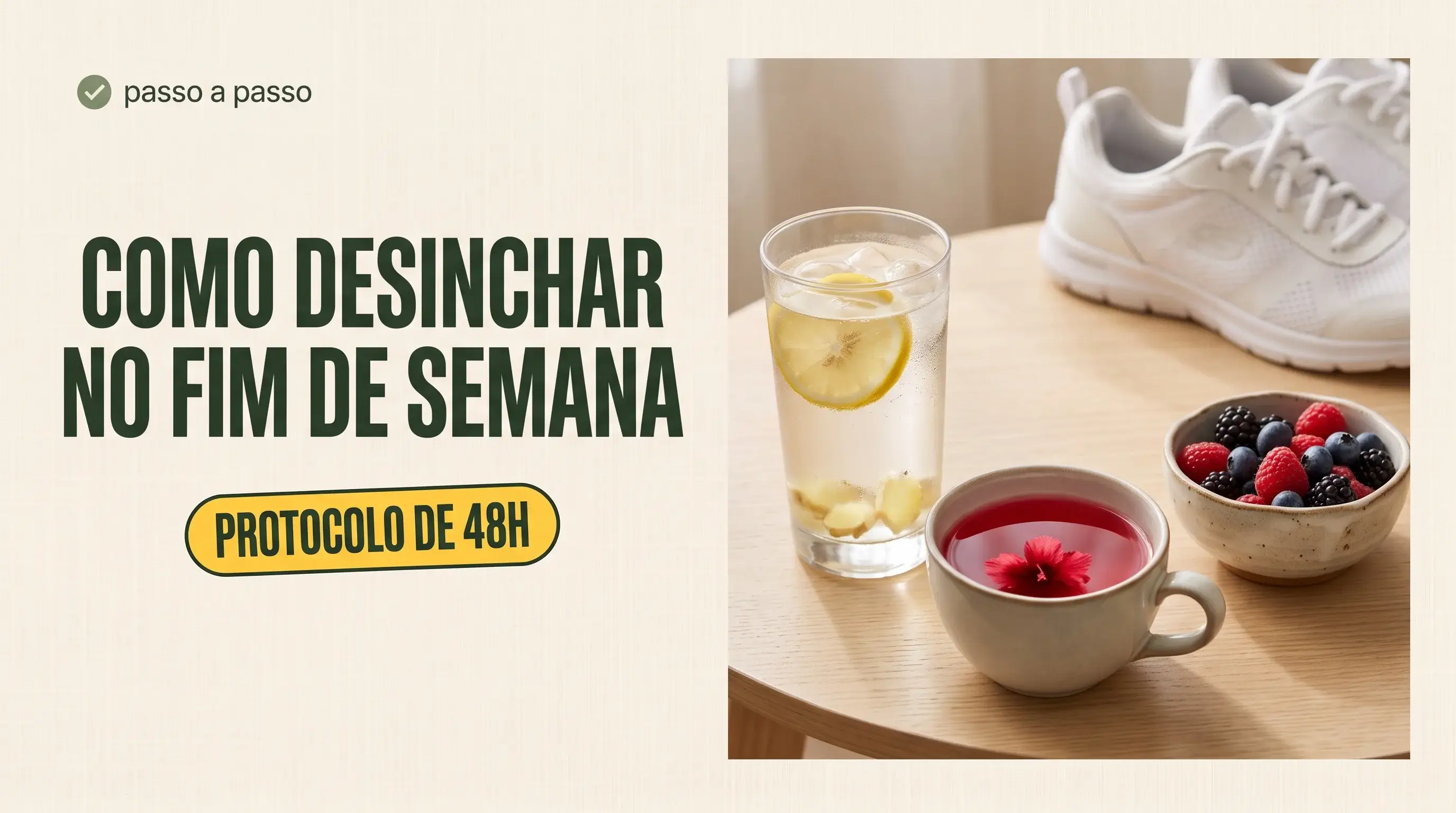 Infográfico de capa com texto Como Desinchar no Fim de Semana Protocolo de 48H, ao lado de copo de água com limão, xícara de chá, tigela de frutas e tênis de caminhada.