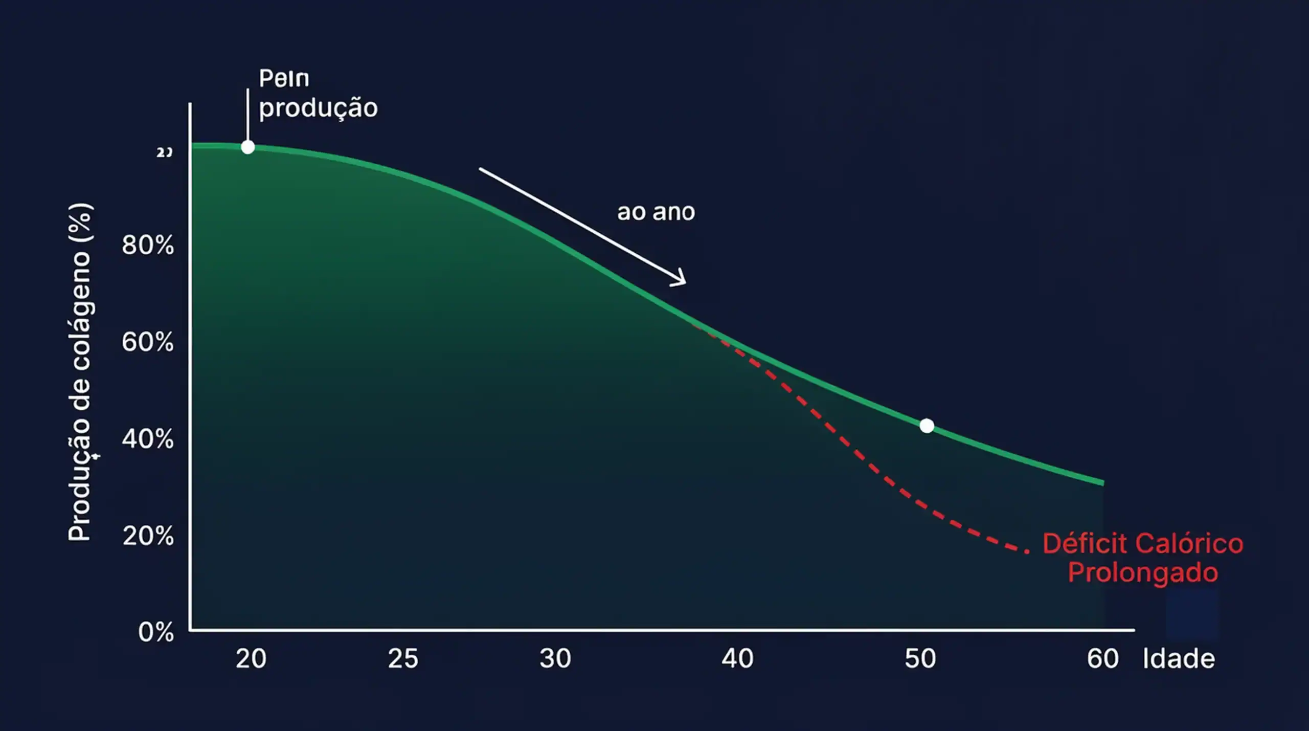 Gráfico mostrando a queda progressiva da produção de colágeno com a idade — de 100% aos 20 anos para menos de 50% após os 50