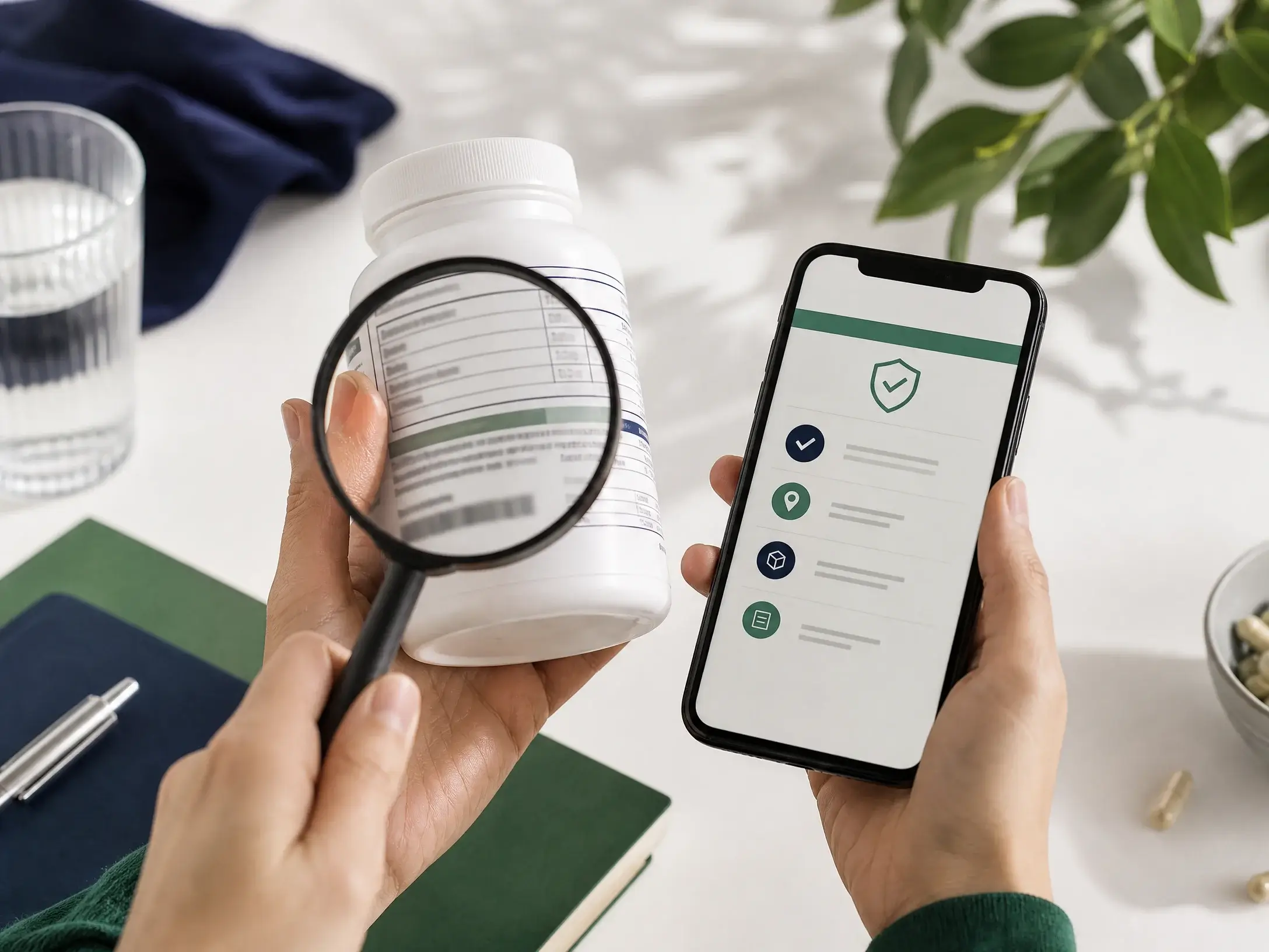 Pessoa conferindo o rótulo de um suplemento com lupa e celular, representando a verificação de informações