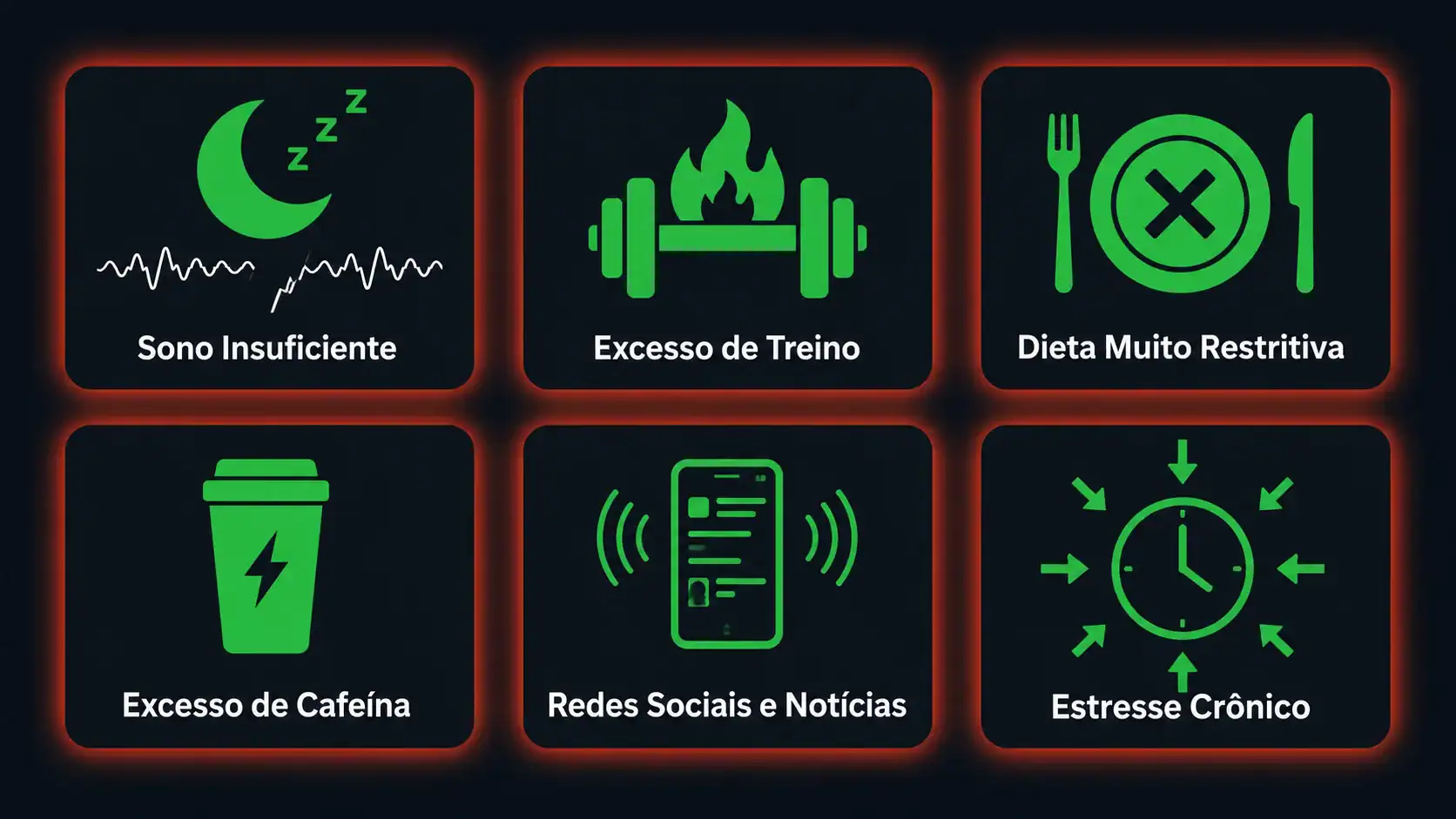 Ilustração das principais causas de cortisol cronicamente elevado: sono ruim, trabalho excessivo, dieta restritiva e treino intenso sem recuperação