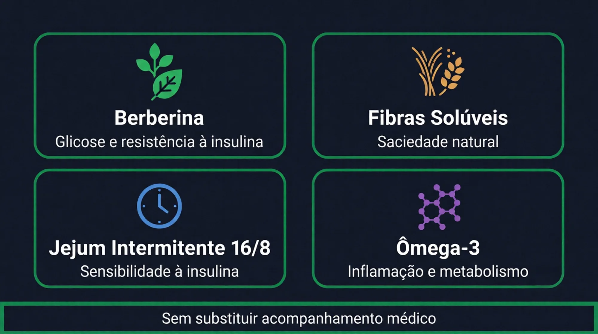 Infográfico mostrando as principais alternativas naturais com evidência para regulação metabólica: berberina, fibras solúveis e jejum intermitente