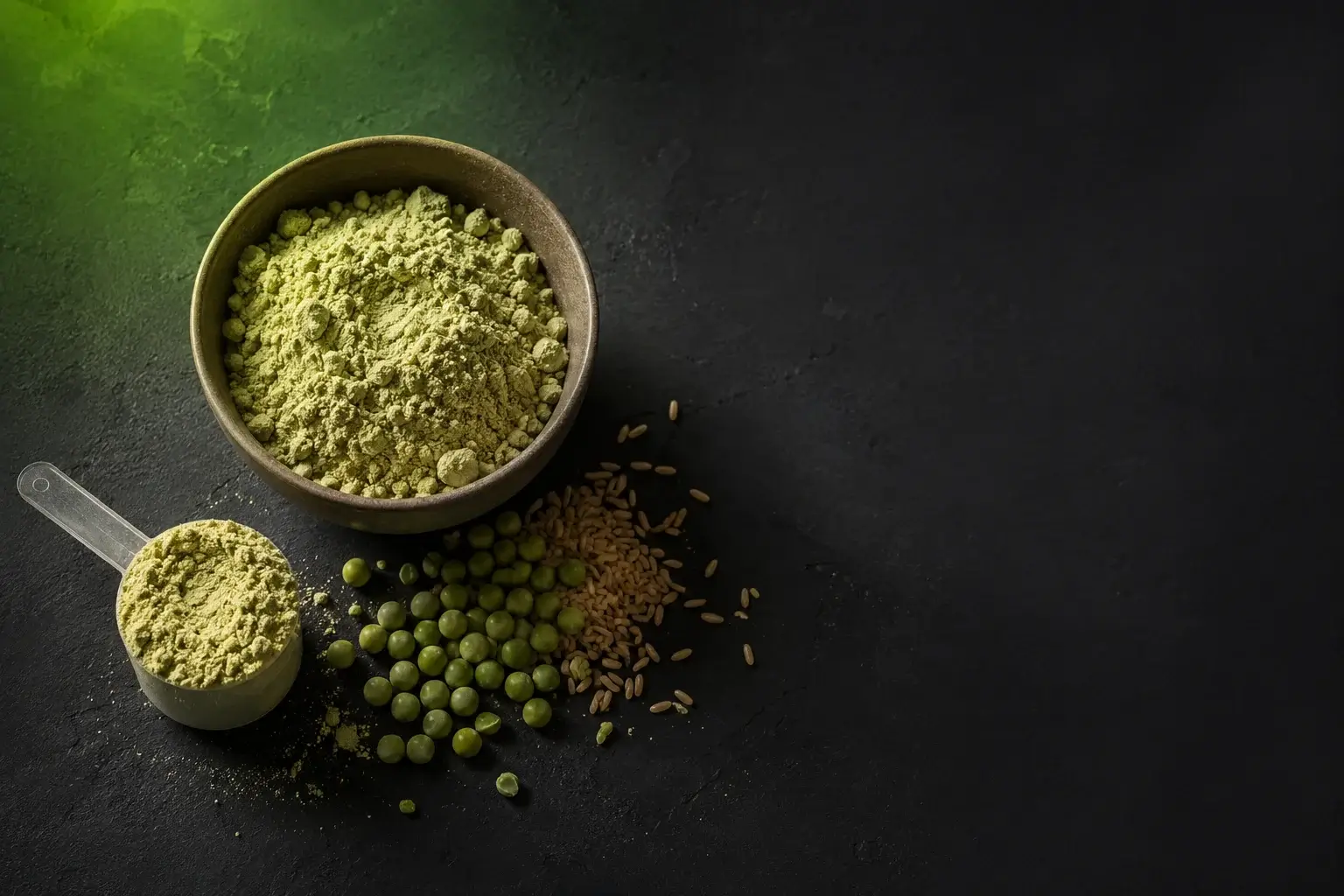 Proteína vegetal em pó com ervilhas e arroz integral, ingredientes usados na proteína vegetal hidrolisada